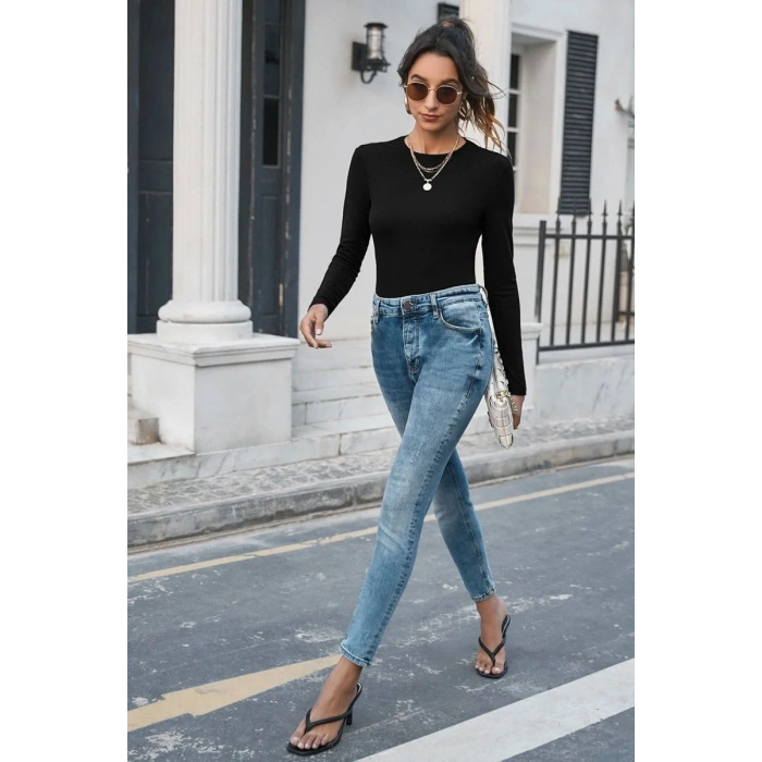 Kadın Siyah Soft Basic Uzun Kol Crop Top Bluz Premium Stil