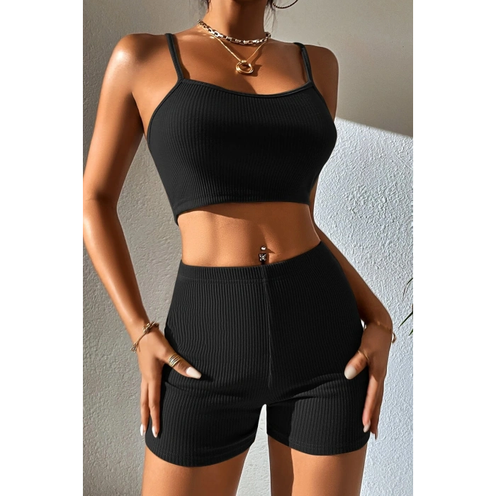 Kadın Siyah Şortlu Kaşkorse Gecelik Takım