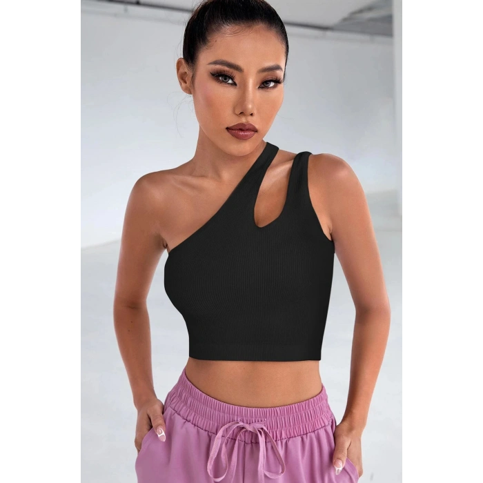 Kadın Siyah Tek Omuz Cut Out Detaylı Crop Top Bluz
