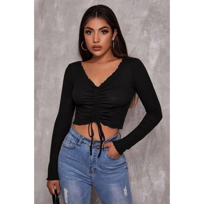 Kadın Siyah Uzun Kol Drapeli Bağcık Detaylı Crop Top Bluz