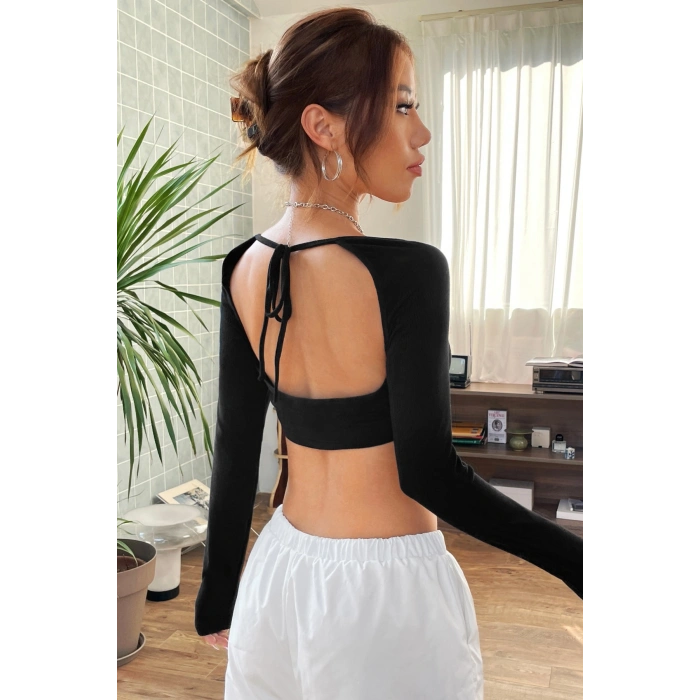 Kadın Siyah Uzun Kol Göğüs Ve Sırt Dekolteli Crop Top Bluz