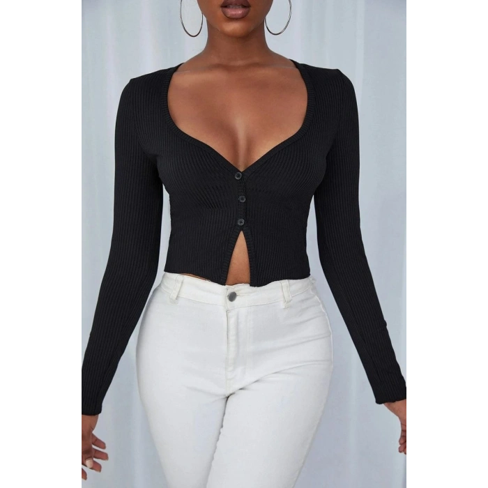 Kadın Siyah Uzun Kollu Düğme Detaylı Göğüs Ve Göbek Dekolteli Crop Top Bluz Premium Stil
