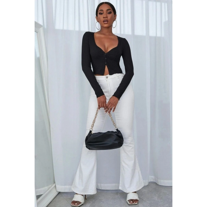 Kadın Siyah Uzun Kollu Düğme Detaylı Göğüs Ve Göbek Dekolteli Crop Top Bluz Premium Stil