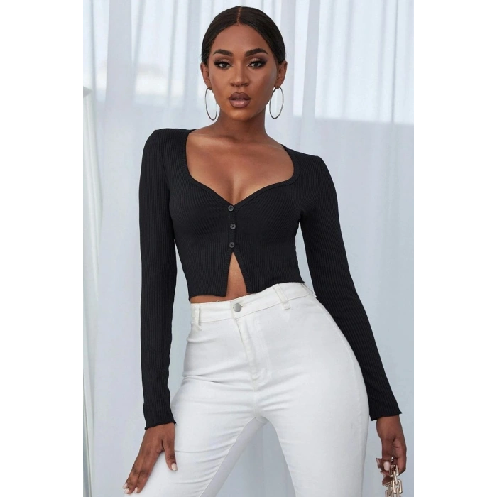 Kadın Siyah Uzun Kollu Düğme Detaylı Göğüs Ve Göbek Dekolteli Crop Top Bluz Premium Stil