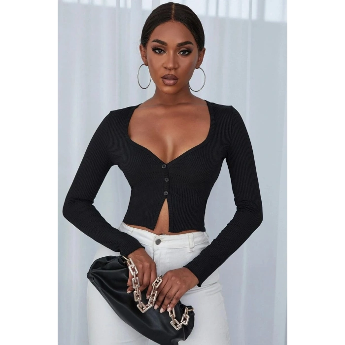 Kadın Siyah Uzun Kollu Düğme Detaylı Göğüs Ve Göbek Dekolteli Crop Top Bluz Premium Stil