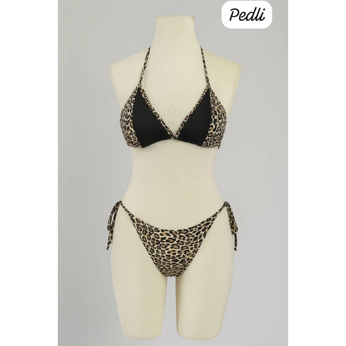 Kadın Siyah Ve Leopar Detaylı Yandan Bağlamalı Bikini Takımı