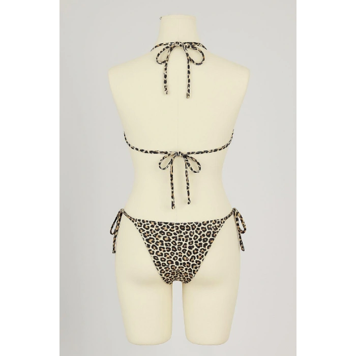 Kadın Siyah Ve Leopar Detaylı Yandan Bağlamalı Bikini Takımı