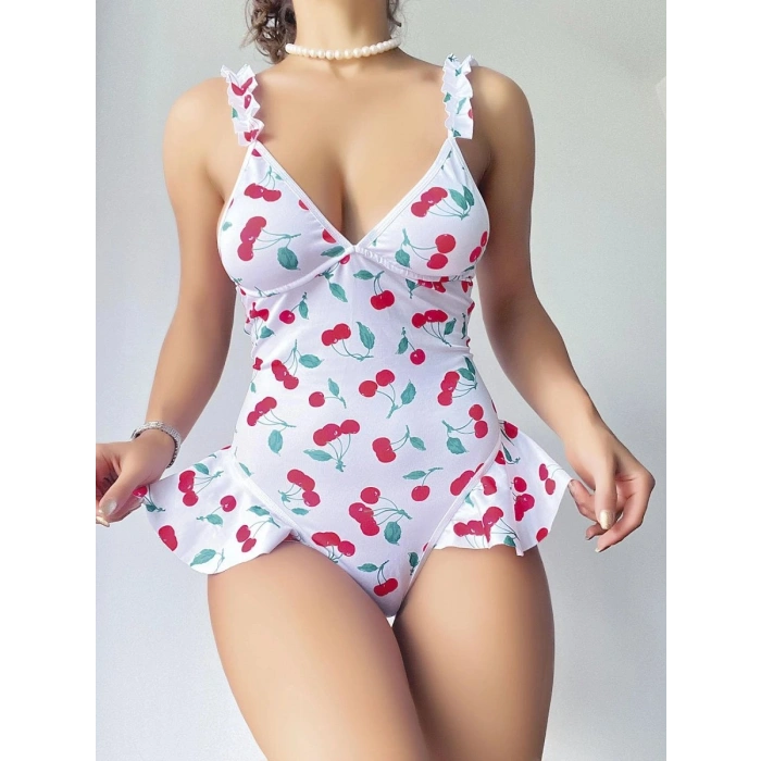 Kadın Vişne Desenli Dantel İşlemeli Şık Body