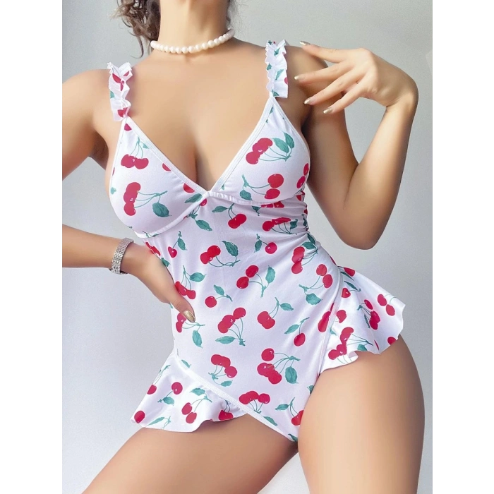 Kadın Vişne Desenli Dantel İşlemeli Şık Body