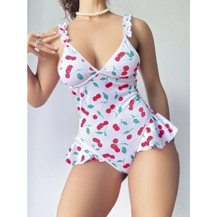 Kadın Vişne Desenli Dantel İşlemeli Şık Body