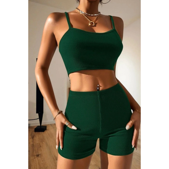 Kadın Yeşil Kaşkorse Şortlu Crop Atlet Takım Esnek Kumaş Yüksek Bel