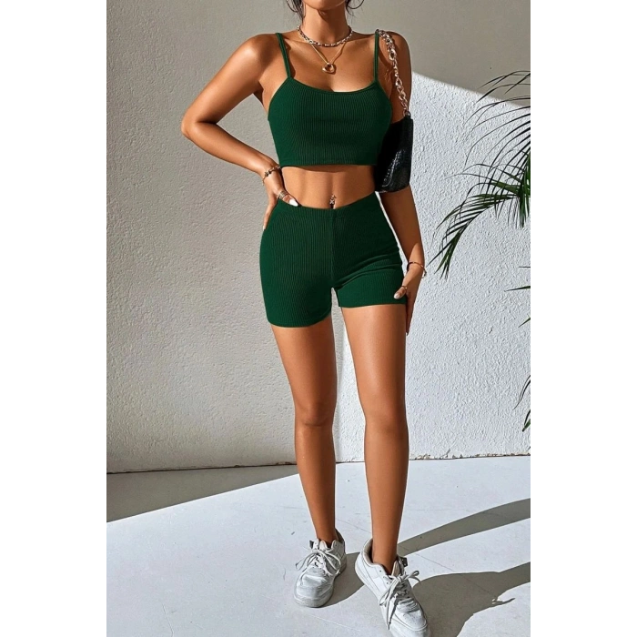 Kadın Yeşil Kaşkorse Şortlu Crop Atlet Takım Esnek Kumaş Yüksek Bel