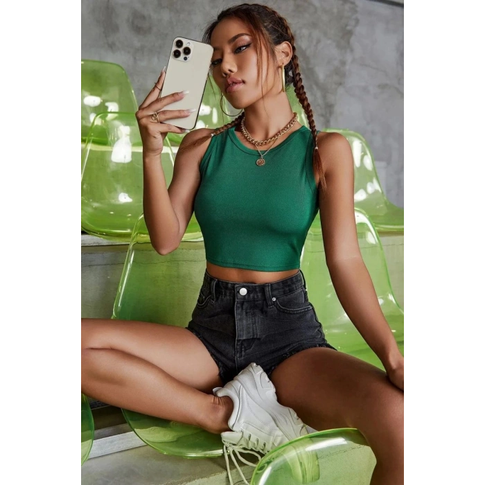 Kadın Yeşil Modern Fit Kare Yaka Crop Top Bluz