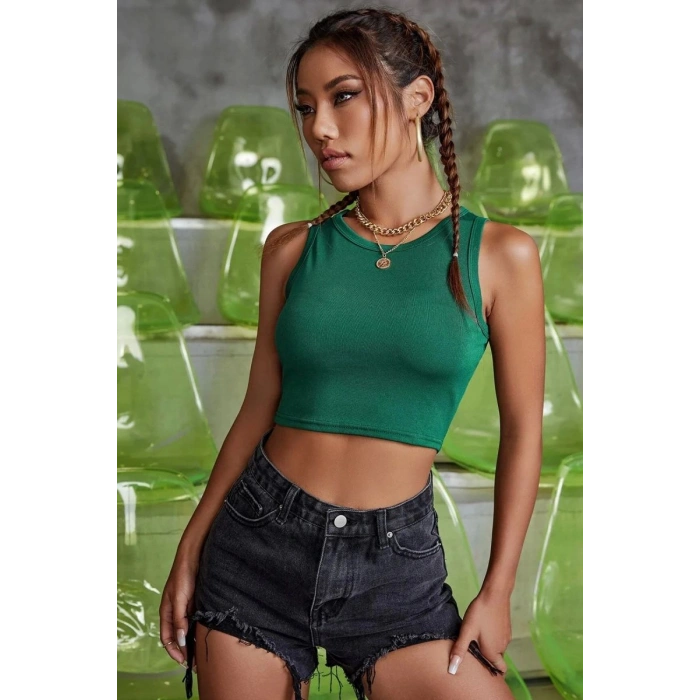 Kadın Yeşil Modern Fit Kare Yaka Crop Top Bluz