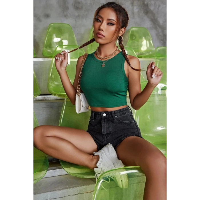 Kadın Yeşil Modern Fit Kare Yaka Crop Top Bluz