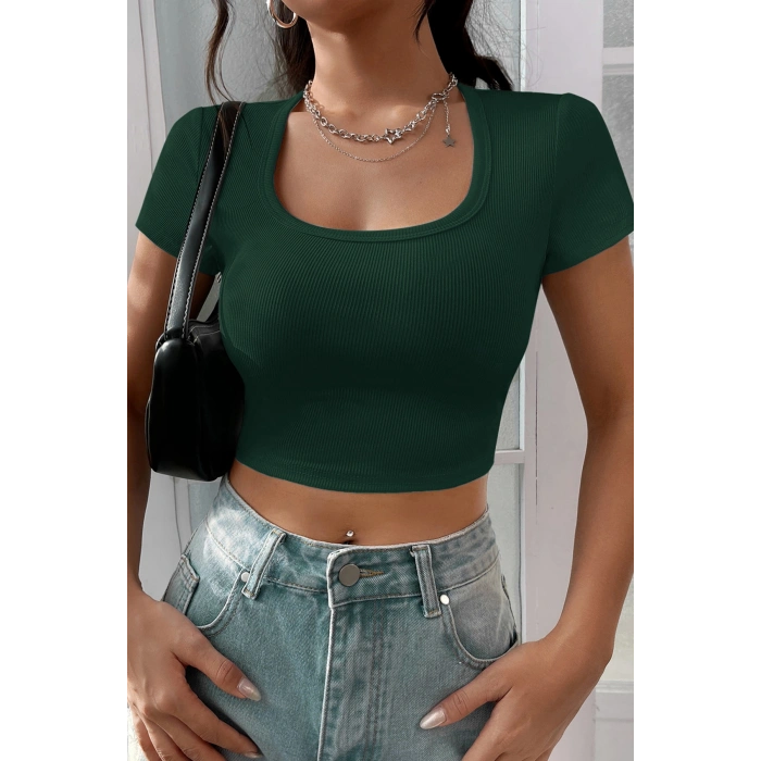 Kadın Yeşil Yarım Kol Düz Yaka Crop Top Bluz