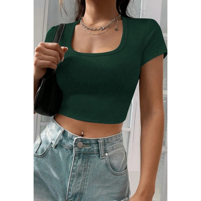 Kadın Yeşil Yarım Kol Düz Yaka Crop Top Bluz