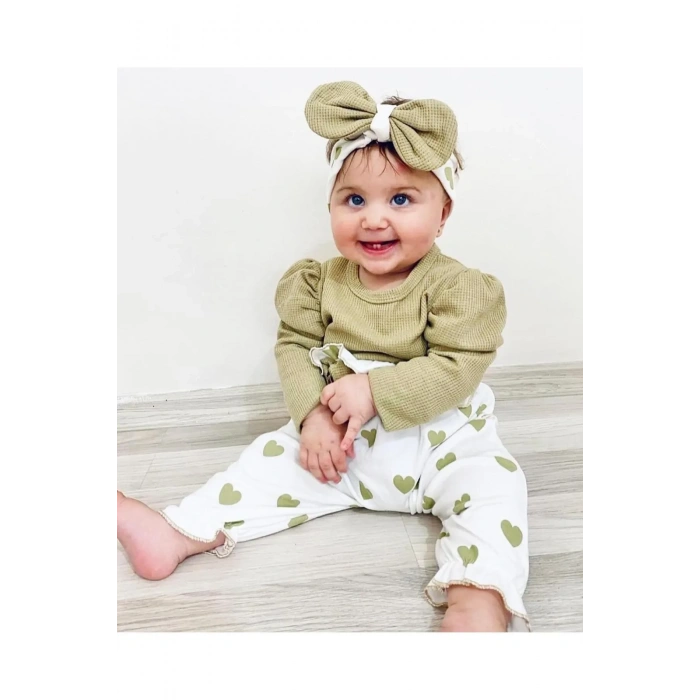 Kalp Baskılı Bandanalı 3lü Lüx Waffle Kız Bebek Takım