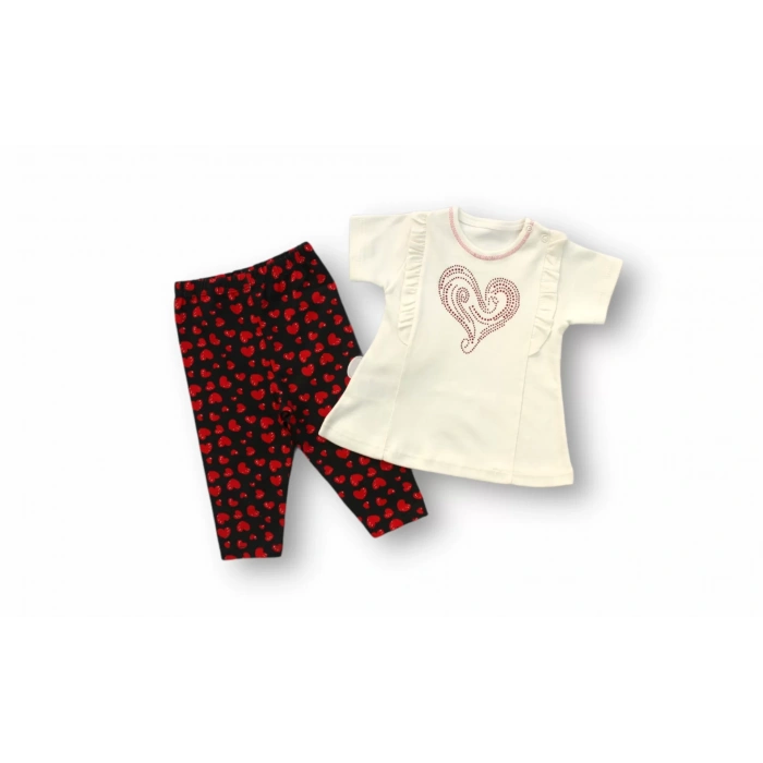 Kalp Baskılı Uzun Kollu Sweatli 2li Kız Bebek Takımı Ekru