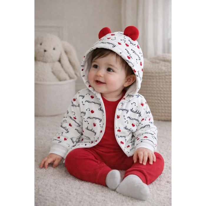 Kalp Desenli Kulaklı 3 Lü Kız Bebek Takımı