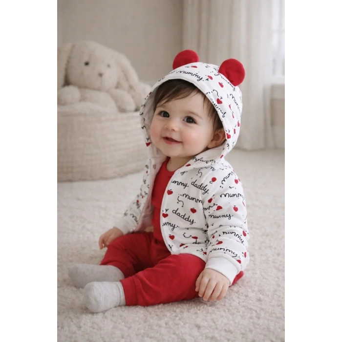 Kalp Desenli Kulaklı 3 Lü Kız Bebek Takımı