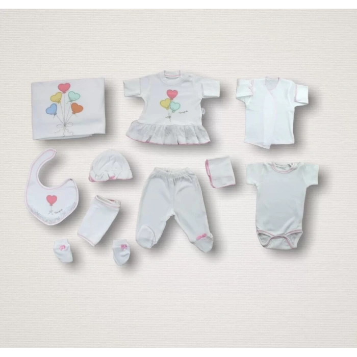 Kalpli Uçan Balon Nakışlı %100 Cotton Antibakteriyel 10lu Zıbın Takımı Hastane Çıkışı Ekru