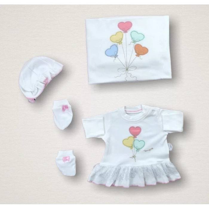 Kalpli Uçan Balon Nakışlı %100 Cotton Antibakteriyel 10lu Zıbın Takımı Hastane Çıkışı Ekru