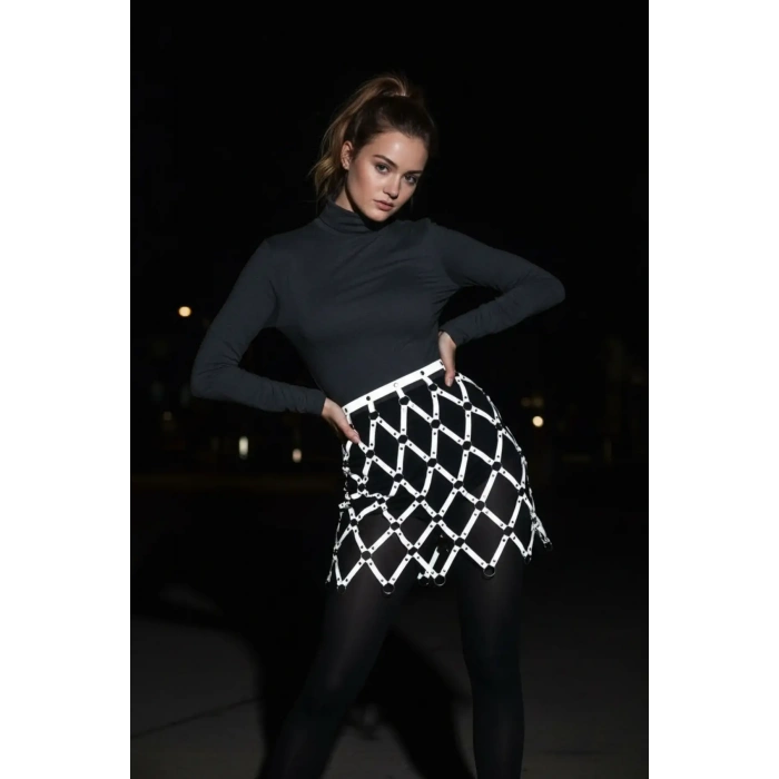 Kare Detaylı Şık Deri Harness Etek - Brf694