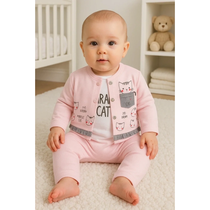 Kedi Desenli 3lü Hırkalı Kız Bebek Takım