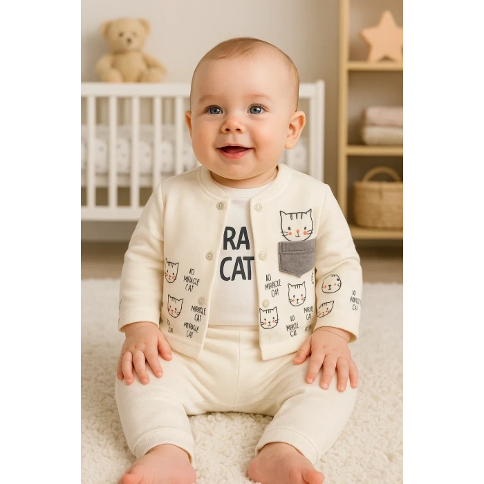 Kedi Desenli 3lü Hırkalı Kız Bebek Takım
