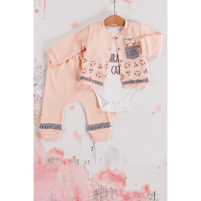 Kedi Desenli 3lü Hırkalı Kız Bebek Takım