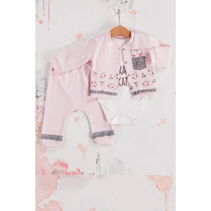 Kedi Desenli 3lü Hırkalı Kız Bebek Takım