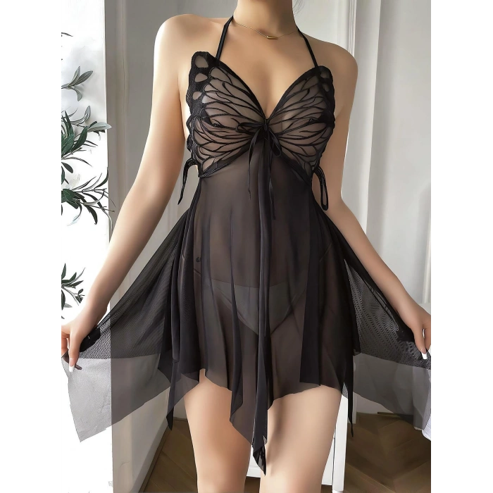 Kelebek Görünümlü Fantezi Tül Siyah Gecelik