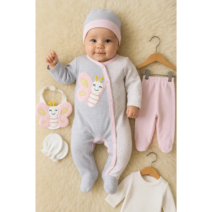 Kelebek Nakışlı Tulumlu % 100 Pamuk Kız Bebek 5li Set