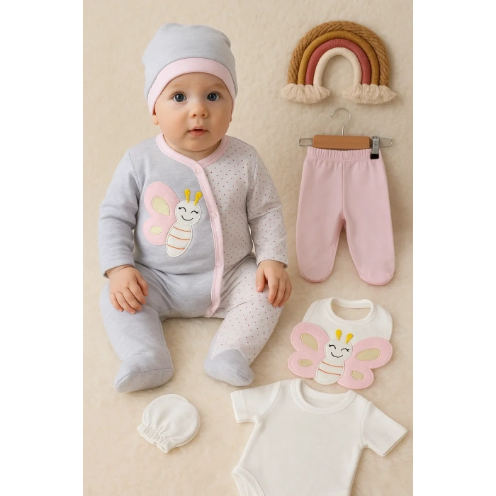 Kelebek Nakışlı Tulumlu % 100 Pamuk Kız Bebek 5li Set