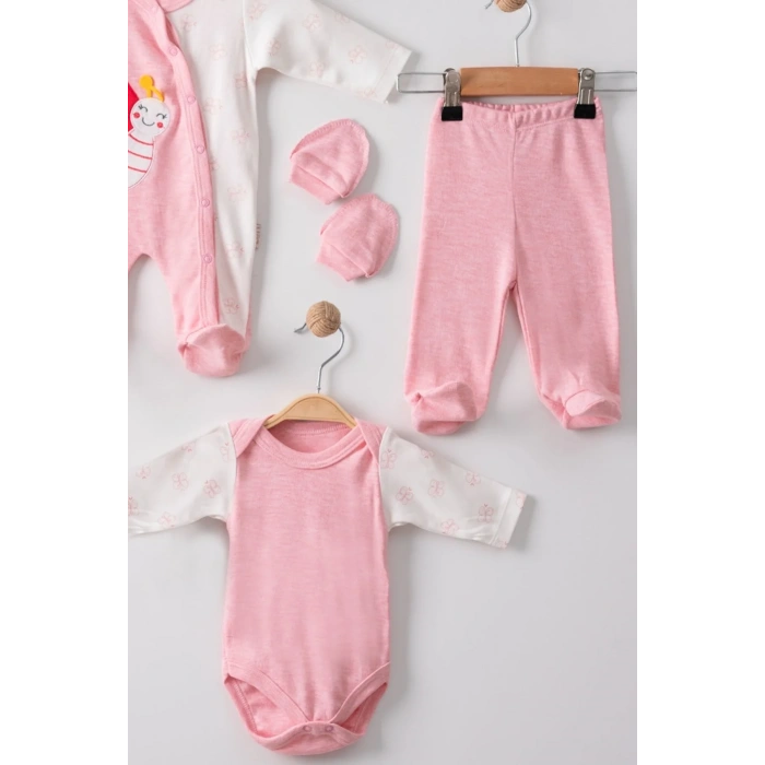 Kelebek Nakışlı Tulumlu % 100 Pamuk Kız Bebek 5li Set