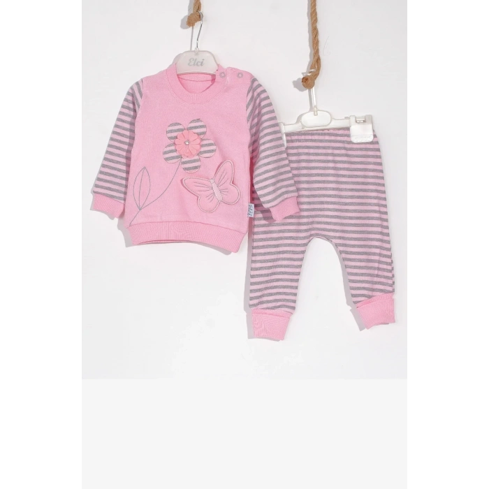 Kelebekli Çiçek Nakışlı Pamuklu 2li Kız Bebek Takımı