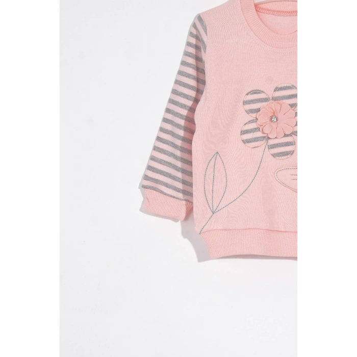 Kelebekli Çiçek Nakışlı Pamuklu 2li Kız Bebek Takımı