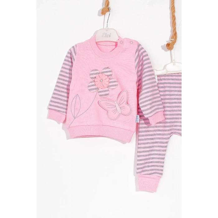 Kelebekli Çiçek Nakışlı Pamuklu 2li Kız Bebek Takımı