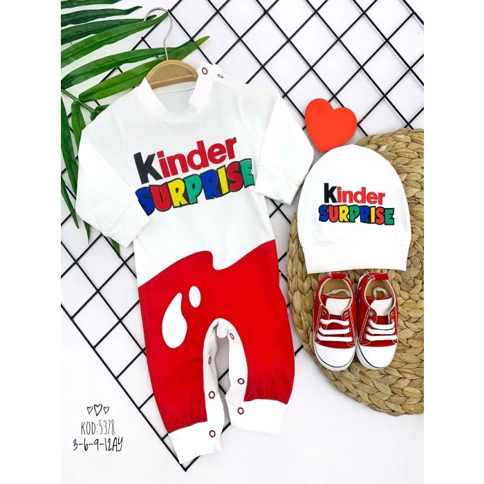 Kinder Surprise Baskılı Çıtçıt Kapamalı Şapkalı 2li Kız Erkek Bebek Tulumu Ekru