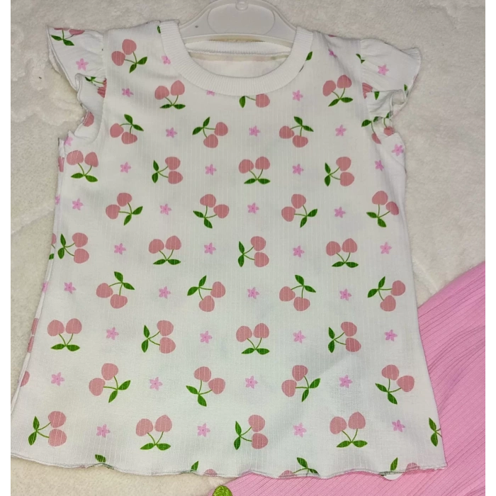 Kiraz Baskılı Tişört İspanyol Paçalı Likralı 2li Kız Çocuk Takımı Pembe