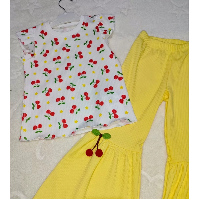 Kiraz Baskılı Tişört İspanyol Paçalı Likralı 2li Kız Çocuk Takımı Sarı