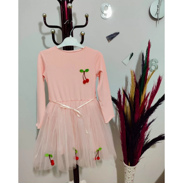 Kiraz Desenli Kurdela Kuşaklı Astarlı Uzun Kollu Kız Çocuk Tütü Elbise Somon