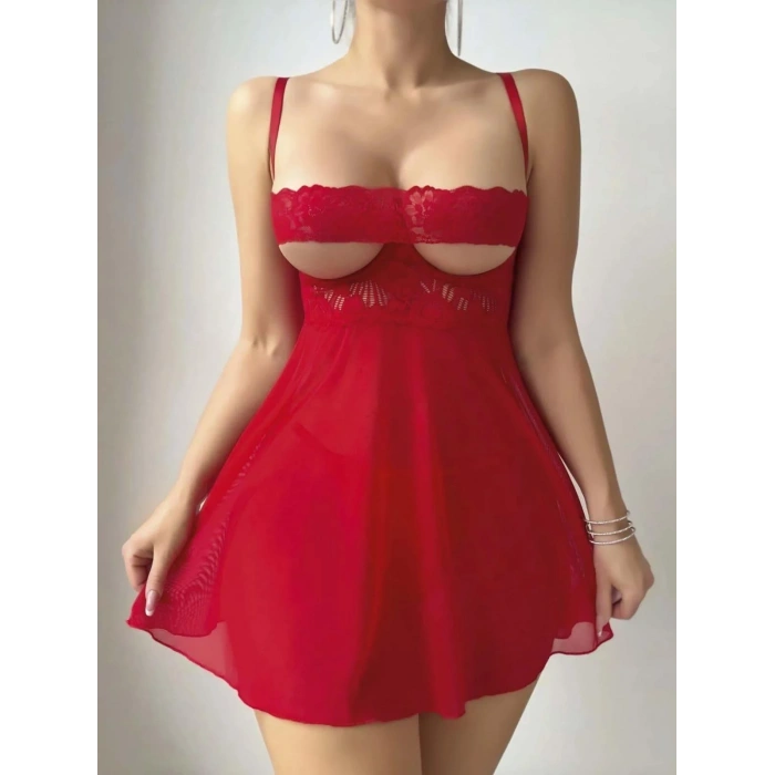 Kırmızı Dantel İşlemeli Göğüs Dekolteli Fantezi String Tül Gecelik Takımı