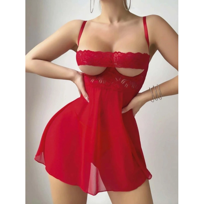 Kırmızı Dantel İşlemeli Göğüs Dekolteli Fantezi String Tül Gecelik Takımı