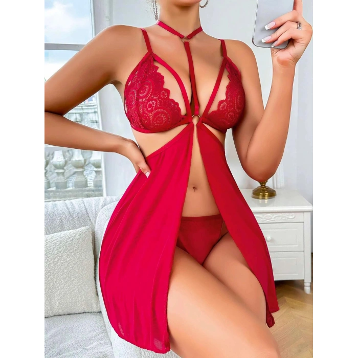 Kırmızı Dantel İşlemeli İp Detaylı Dekolteli Fantezi Tül Gecelik