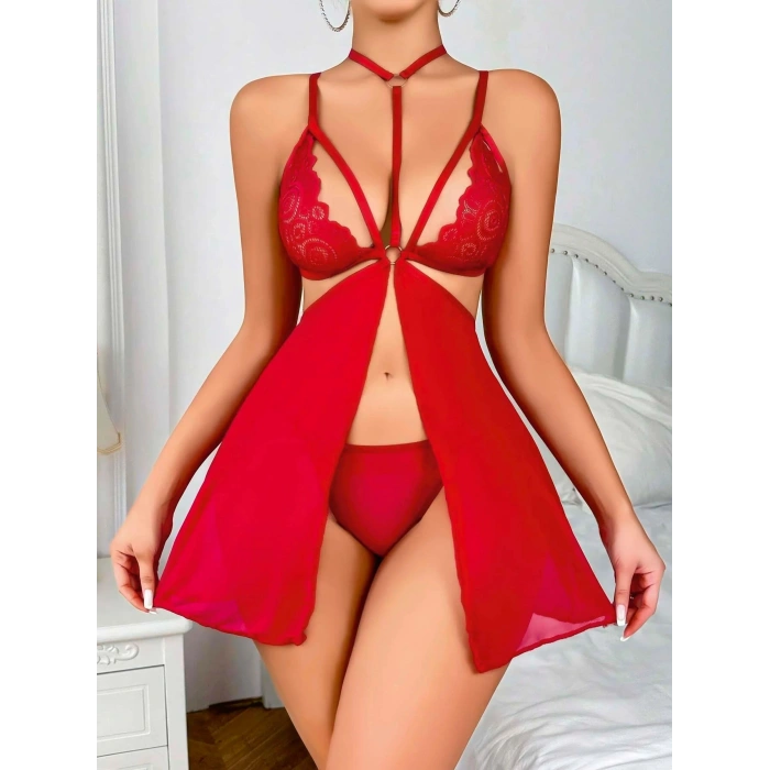 Kırmızı Dantel İşlemeli İp Detaylı Dekolteli Fantezi Tül Gecelik