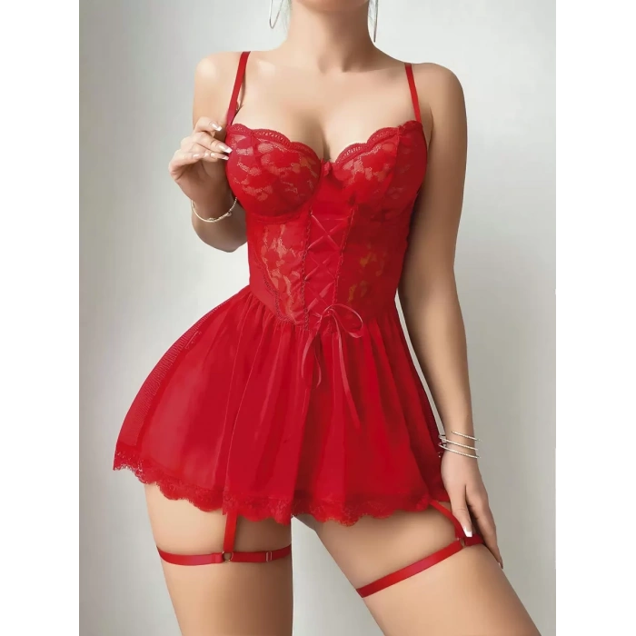 Kırmızı Dantel İşlemeli Jartiyerli Fantezi Şık Gecelik