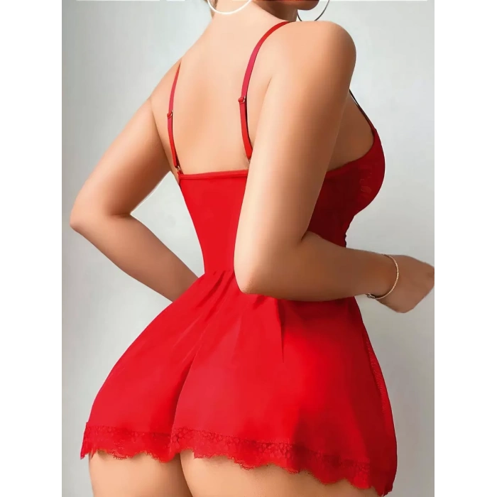 Kırmızı Dantel İşlemeli Jartiyerli Fantezi Şık Gecelik