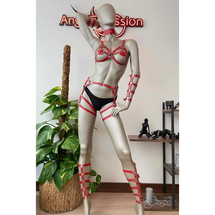 Kırmızı Deri Bacak Ve Kol Harness Detaylı Takım